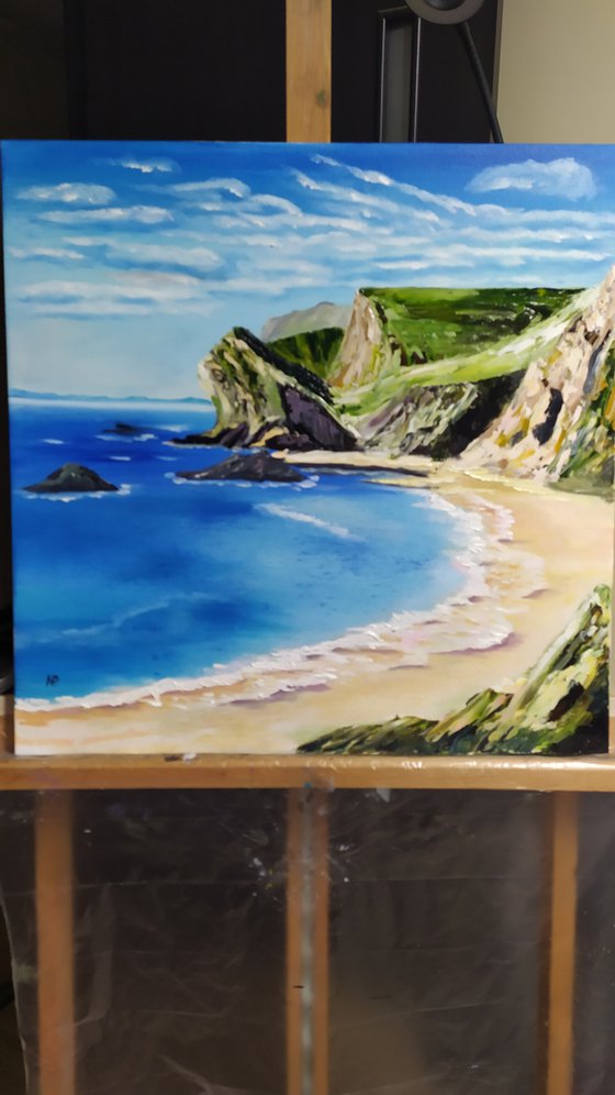 Coastline in England, original landscape sea oil painting, Gift, bedroom painting