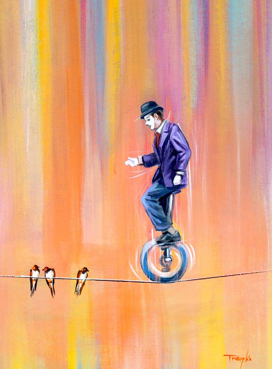Cycling on Wire. Bicycle. Circus. Entertainment. Birds. Clouwn. Bike 2