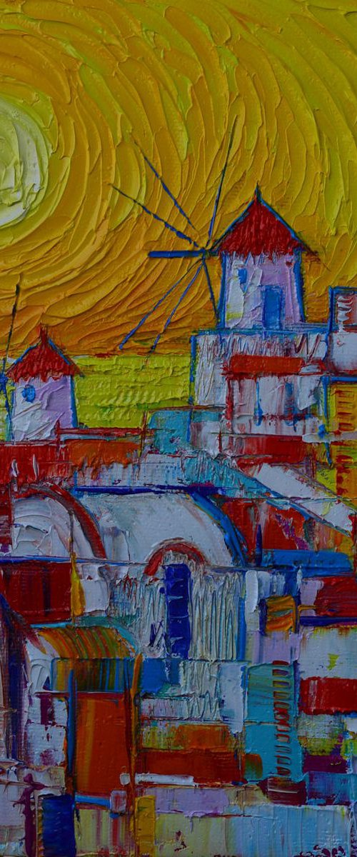 ABSTRACT CITYSCAPE SANTORINI OIA SUNSET contemporary art modern impressionism textural impasto palette knife original oil painting by ANA MARIA EDULESCU