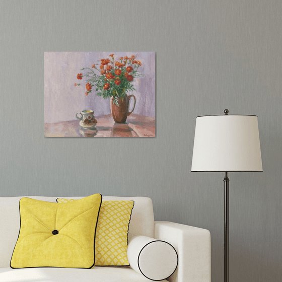 Marigolds in a clay pot