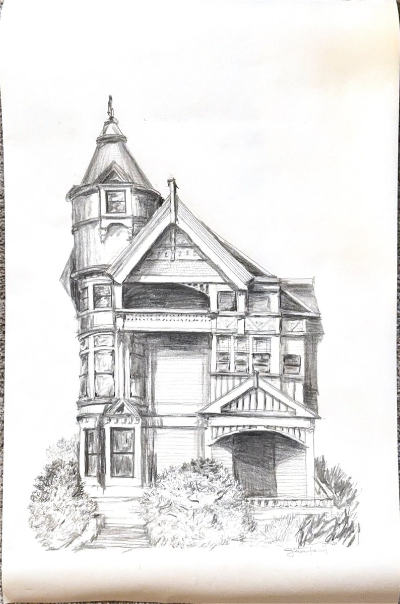 Expressive Charcoal Drawing , Sketch Of Queen Anne House By Gozde Temiz Istanbul, 18 X 28, Artwork For Sale On Artfinder