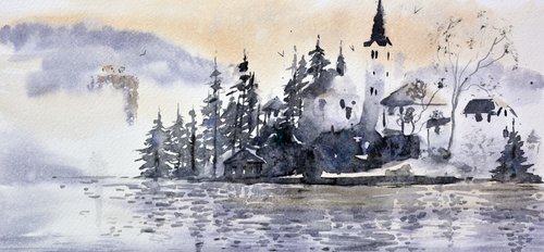 Bled Lake Slovenia #41 17x36cm 2022 smal watercolour by Nenad Kojić watercolorist