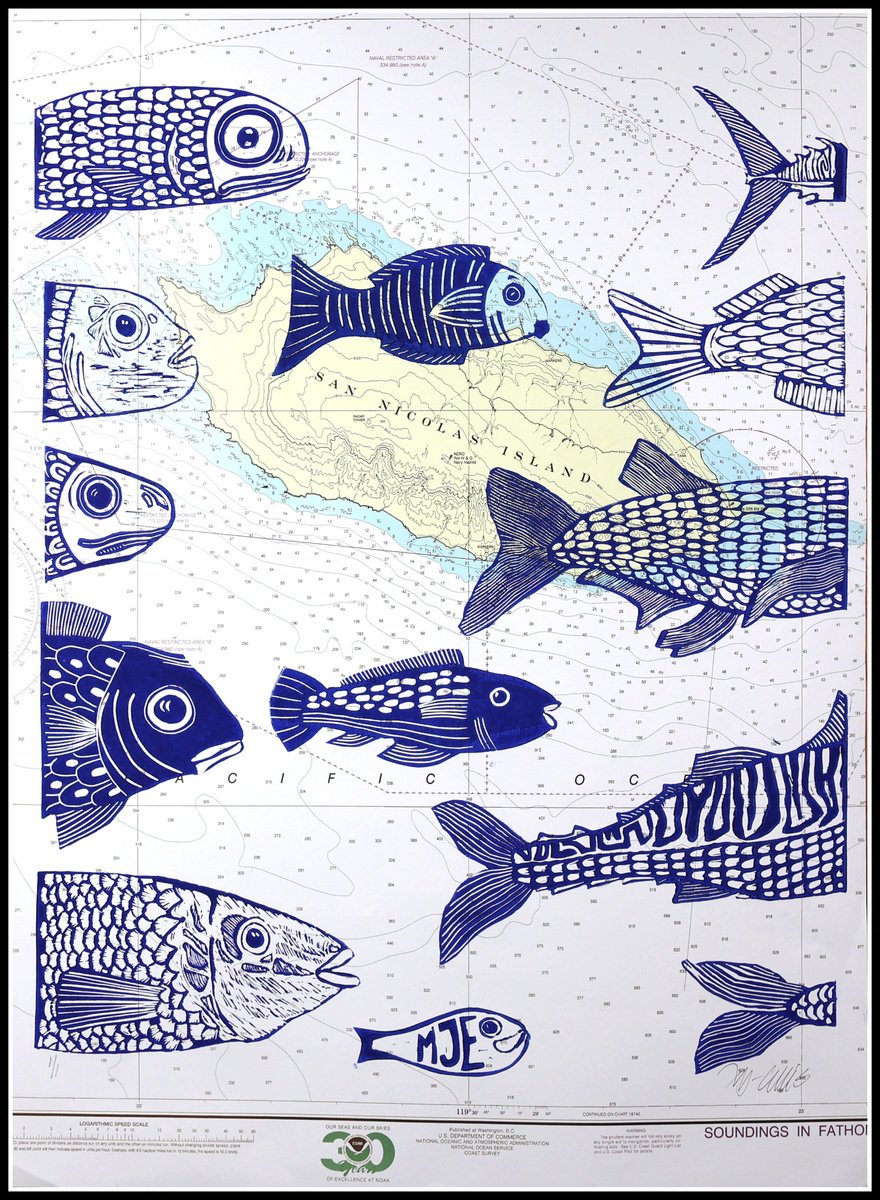 Typographic Animal Linocut By Mariann Johansen-Ellis, 20 X 27", With The Tide, Original Artwork