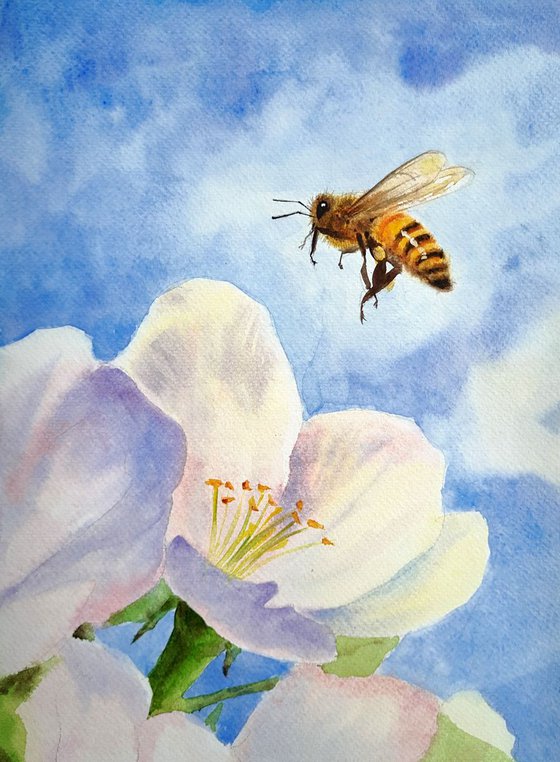 Bee and Flowers  - Bumble Bee - Honey Bee - Flying bee - Lovely Bee - insect art - garden