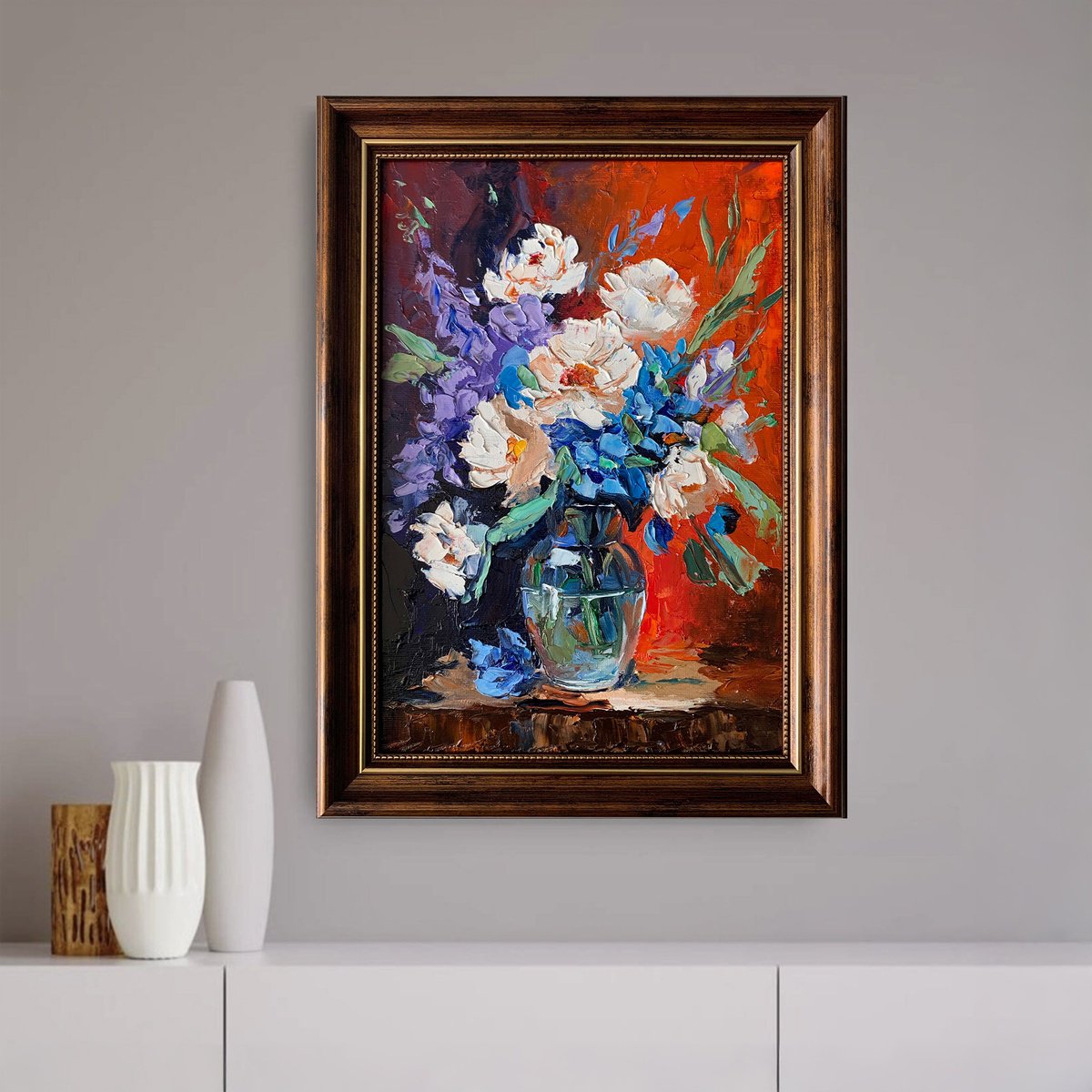 Impressionistic Botanical Oil Painting By Vita Schagen, 10 X 14", Bouquet, White Flowers On Red, Original Artwork