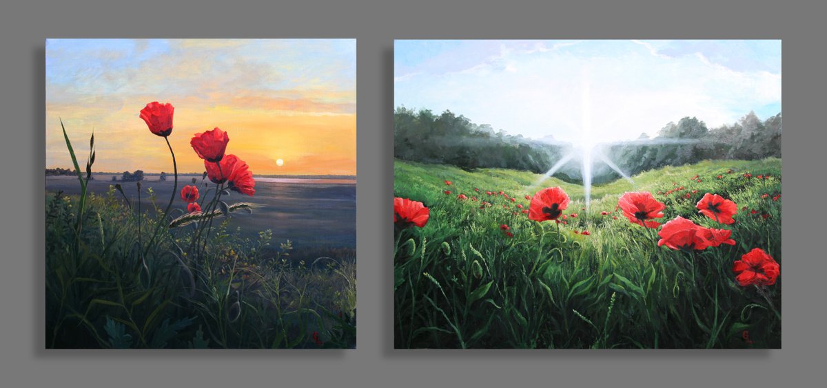 Poppies. Suset. 80x80 cm. & Poppies. 100x80 cm. by Linar Ganeev
