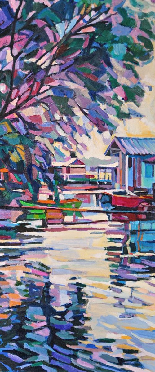 Fishing colony on the river / 90 x 60 cm by Maja Đokić Mihajlović