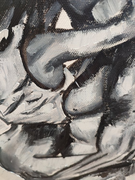 Passion, nude erotic couple, black and white art, monochrome oil painting