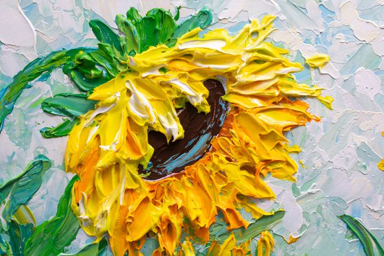 Sunflowers in the morning - Original Floral Painting on Canvas, Palette Knife Art, Textured Impasto Artwork