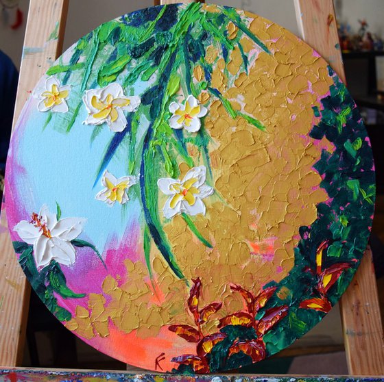 Hawaiian abstract flowers round acrylic and oil painting