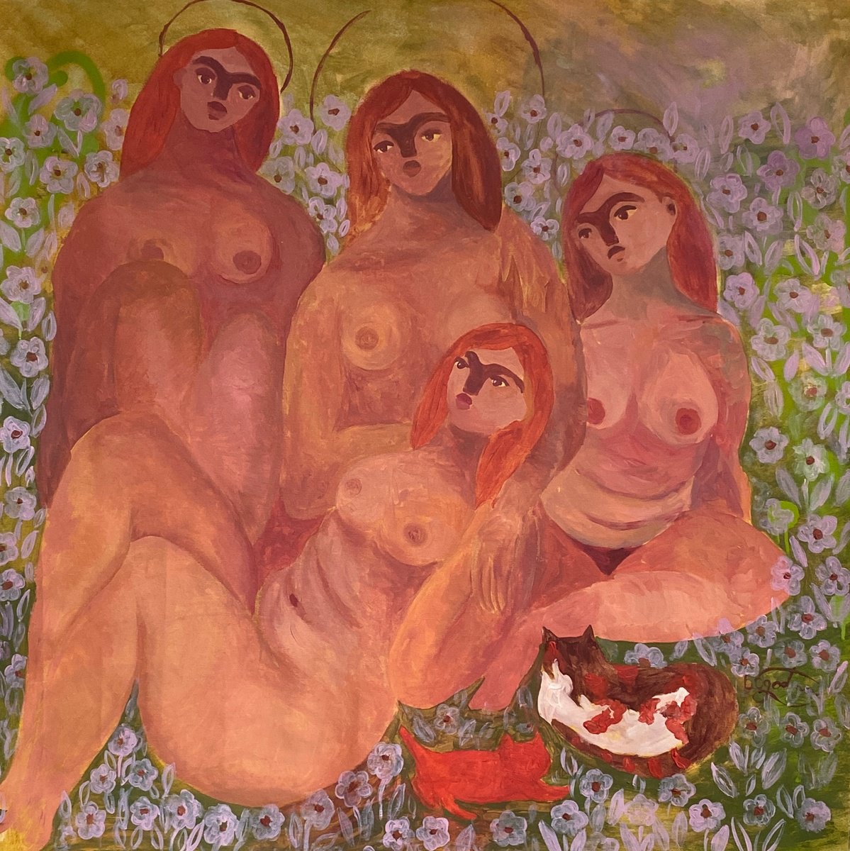 Impressionistic Portrait Acrylic Painting By Dasha Pogodina, 37 X 37, Kitties, Original Artwork