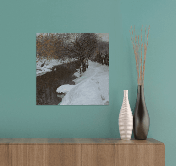 The Old Pier - river winter landscape painting