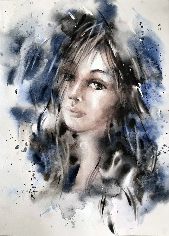 Melancholy. Portrait. one of a kind, original painting.