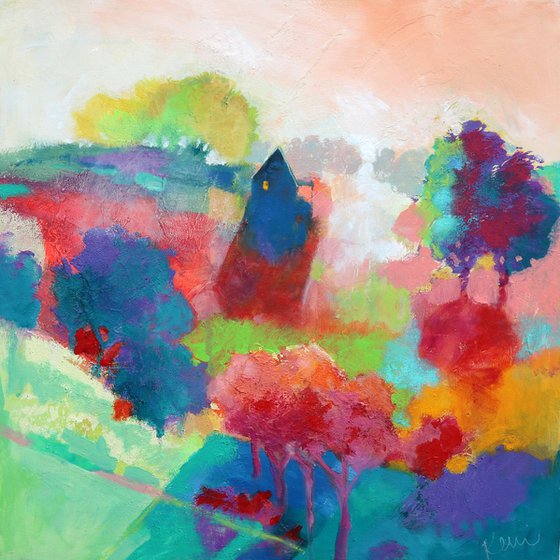 Peace on the Land 16x16" Colorful Abstract Landscape Painting