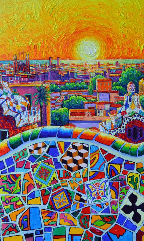 BARCELONA PARK GUELL MAGICAL SUNRISE textural impressionist impasto palette knife oil painting 100 X 70 cm 40 x 28 inches by Ana Maria Edulescu contemporary art city urban by ANA MARIA EDULESCU