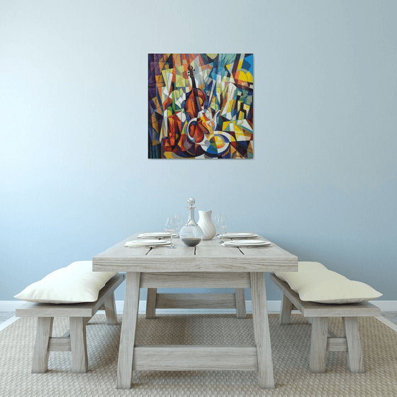 still life with violin (80x80cm, cubism, oil painting, ready to hang)