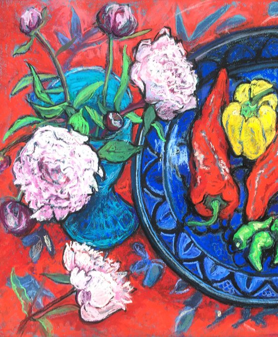Peonies and Peppers still life