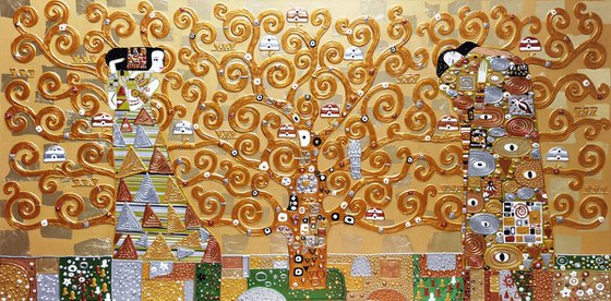 Tree of life Gustav Klimt. Large relief golden horizontal painting