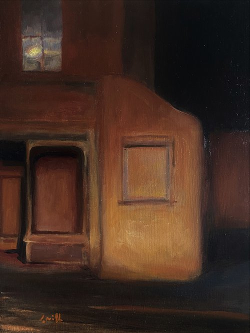 Original oil Tonalist Street Scene Shop Window at Night. by Jackie Smith