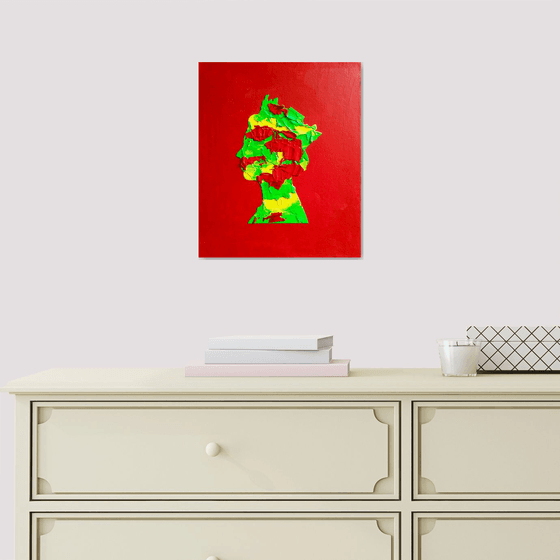 Queen #60 on red background ,  Ultra green and yellow Marble pattern inspired by Queen Elizabeth II