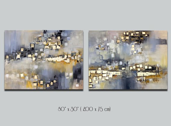 Neutral Elements - Abstract Painting Set of Two Paintings, Multi Panel Abstract, ORIGINAL Painting, Gold Leaf Painting, Black and Gold, Large Art