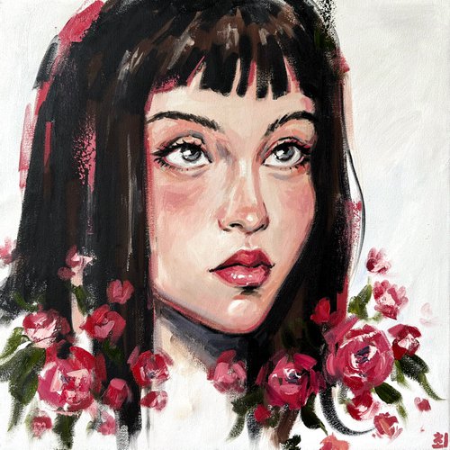 Girl with red roses by Marina Ogai