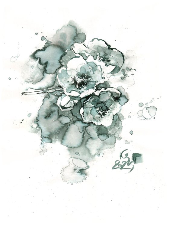 "Spring Blossom" abstract composition in ink monochrome gray-blue-green tones
