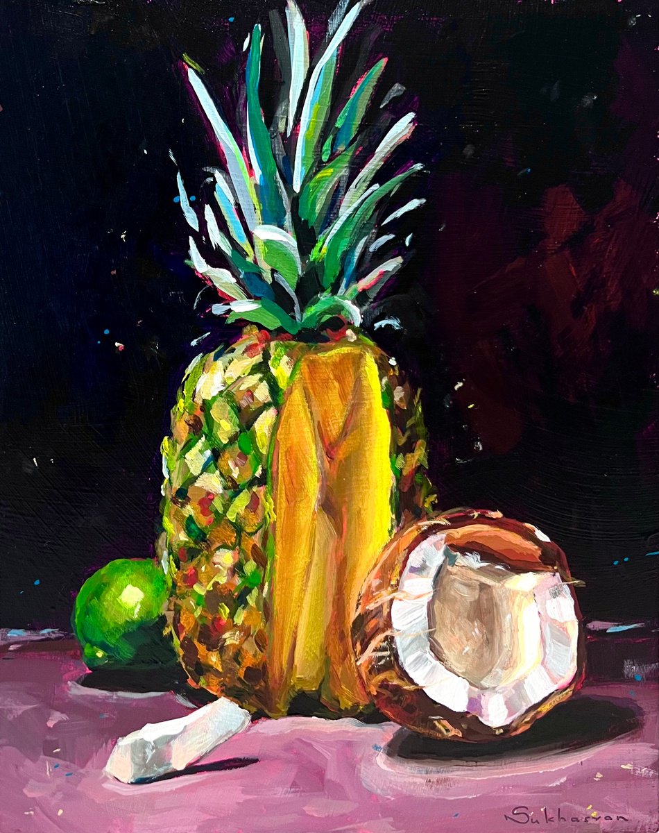 Impressionistic Still Life Acrylic Painting By Victoria Sukhasyan, 8 X 10", Still Life With Pineapple And Coconut, Artfinder