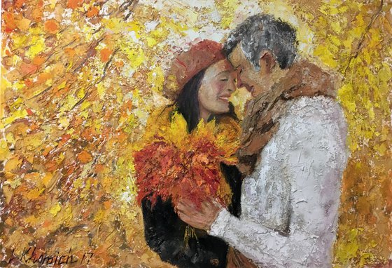 30 % Sale. Autumn Love Kisses 130x90cm Palette Knife Painting