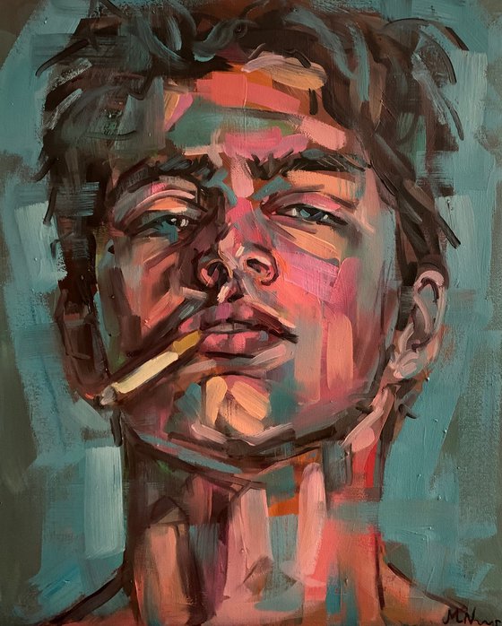 Man smoking male portrait gay queer oil painting