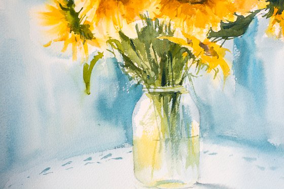 Sunflowers on turquoise. Medium format watercolor painting. Original bright interior provence decor yellow light gift