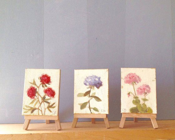 Set of 3 Mini Botanical Flower Oil Paintings