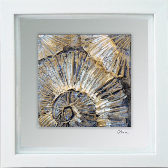 Ammonites (minimalism - ammonites textured painting in black, white and gold #2 ) Framed, ready to hang