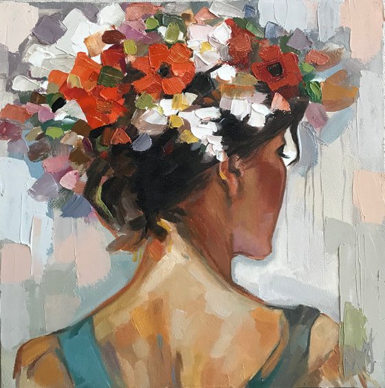 Woman with flowers 22x22cm