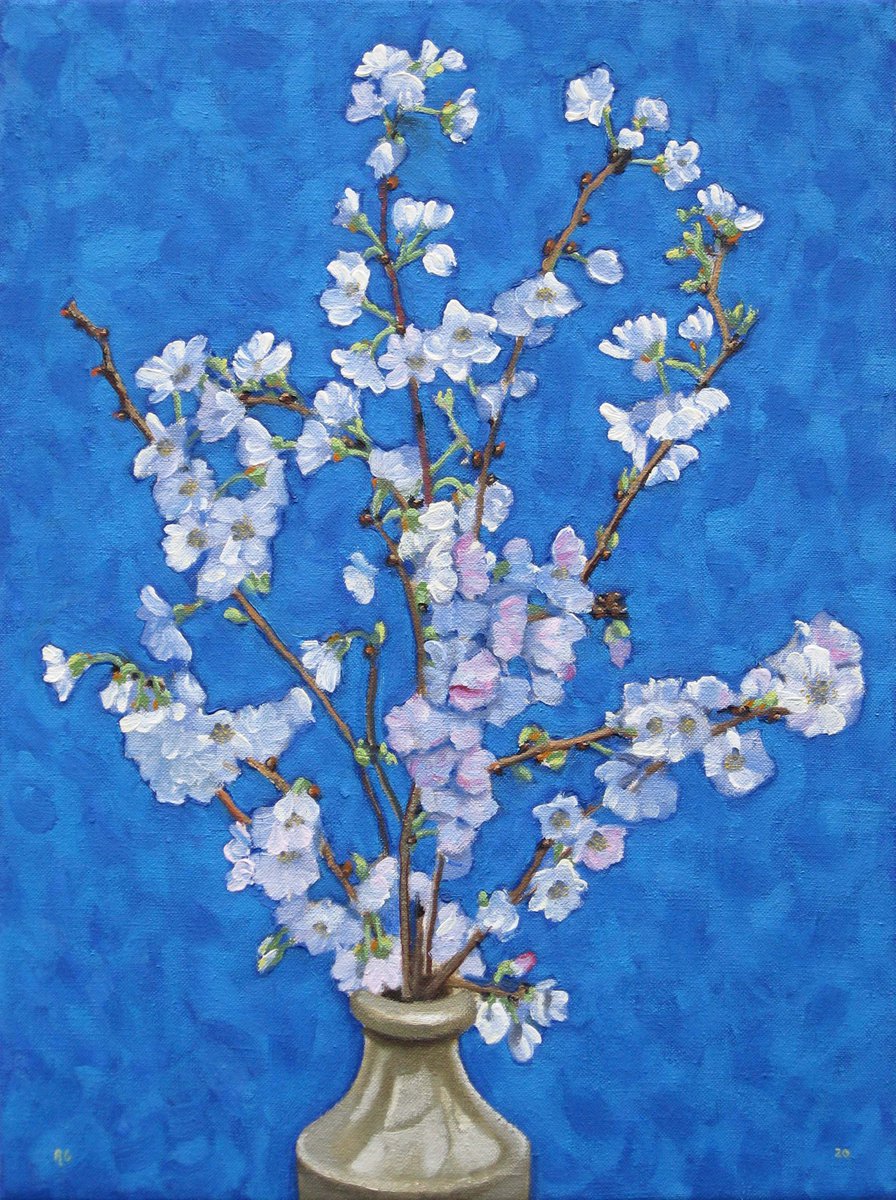 Botanical Oil Painting By Richard Gibson, 12 X 16", Winter Flowerind Cherry In A Ceramic Jar (2), Original Artwork