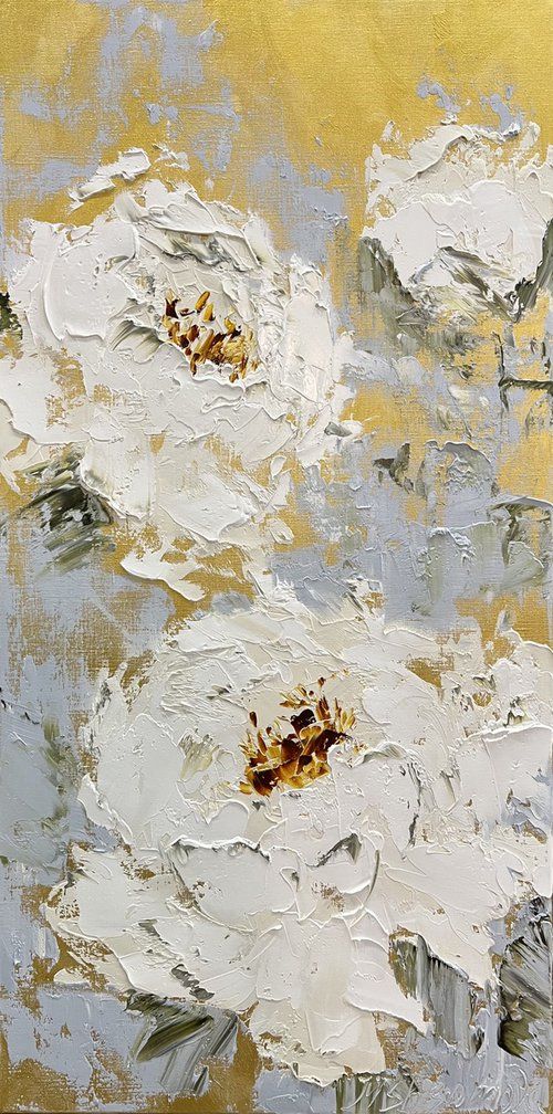 Gold White Abstract Peonies by Marina Skromova