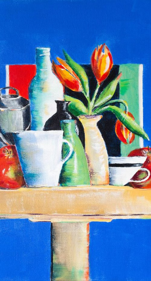 POTS AND VASES ON BLUE by Diana Aungier-Rose