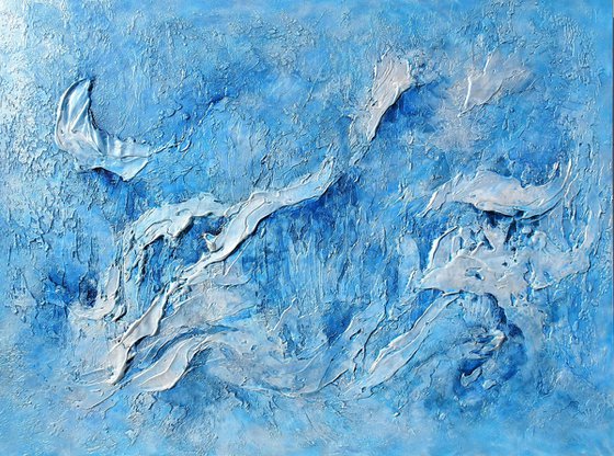 SEAFOAM BEAUTY. Large Abstract Blue White Textured Painting