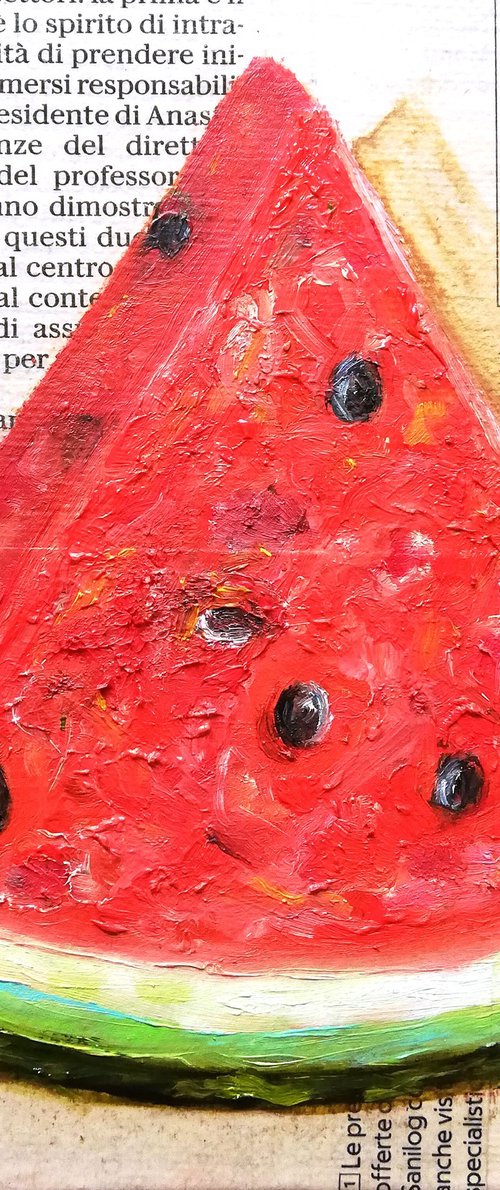 "A Slice of Watermelon on Newspaper" Original Oil on Canvas Board Painting 6 by 6 inches (15x15 cm) by Katia Ricci