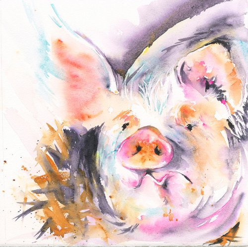 Pig painting, Pig Wall Art, Original Watercolour Painting, watercolor, farm animal, cute pig by Anjana Cawdell