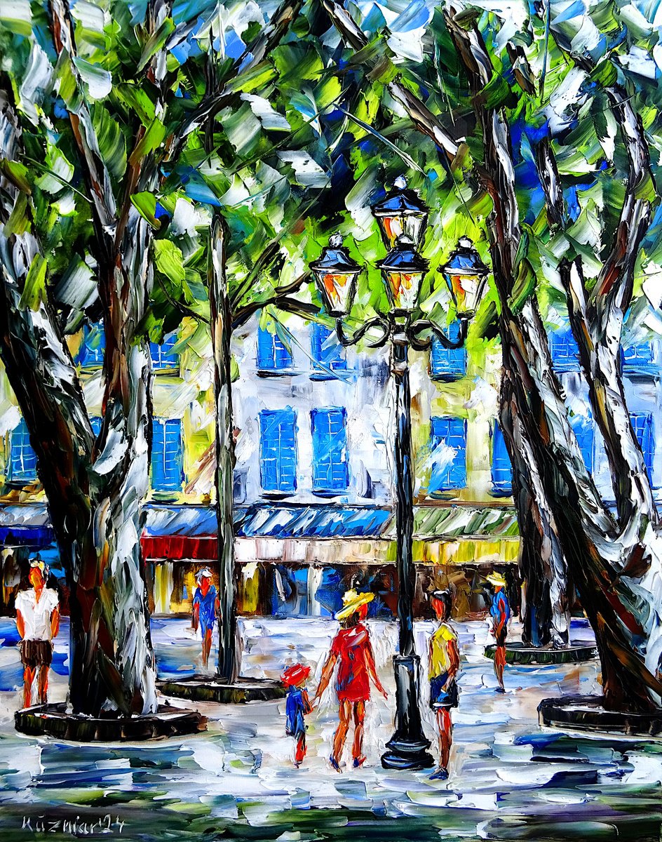 Expressive Cityscapes Oil Painting By Mirek Kuzniar, 16 X 20", Summer In St. Tropez, Original Artwork
