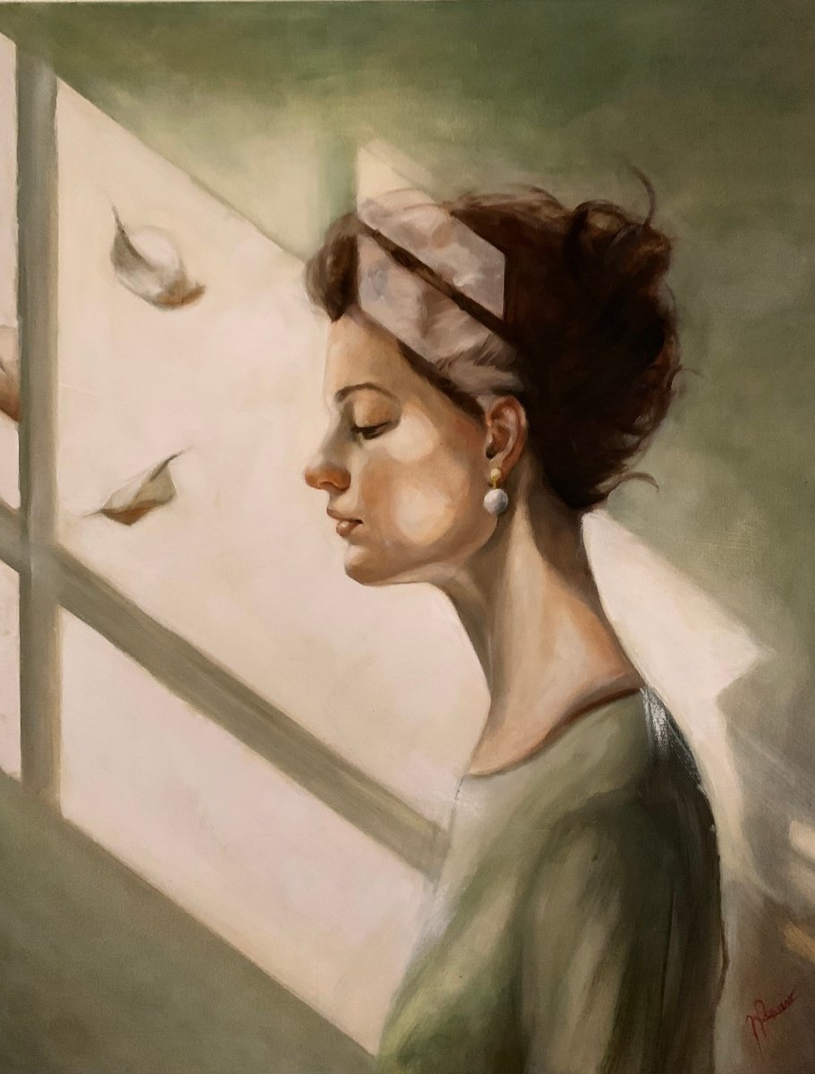 Expressive Portrait Oil Painting By Maria Romano, 20 X 24", The Calm Of Things, Original Artwork