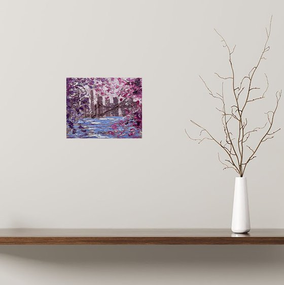 New York Painting Cityscape Original Art NYC Small Oil Impasto Cherry Blossom Tree Artwork Home Wall Art 10 by 8" by Halyna Kirichenko