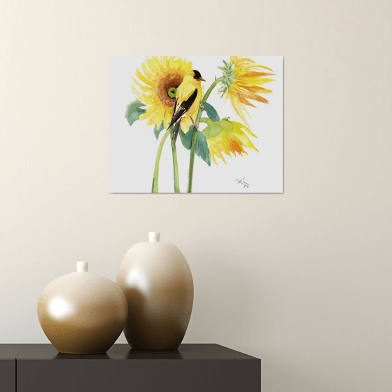 Sunflowers and Yellow Finch