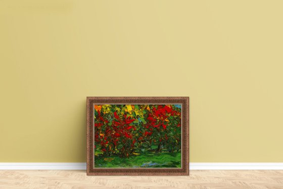 AUTUMN - original oil painting, green red coloured pond leaves, small size