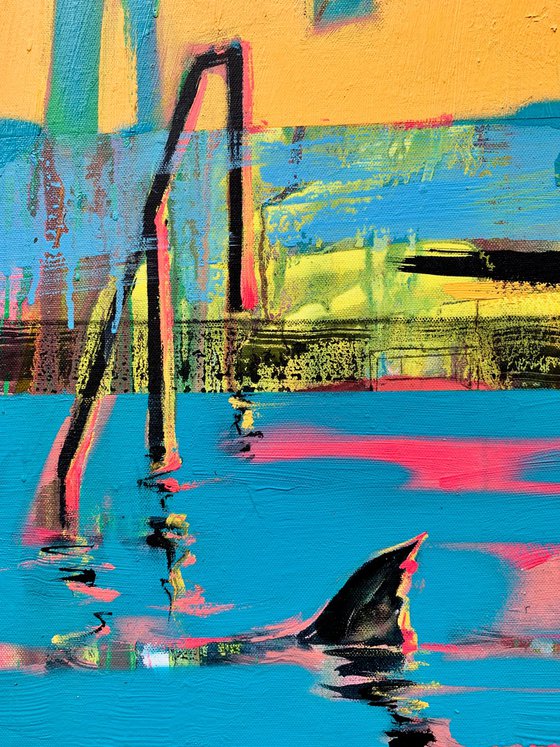 Bright summer painting - "Small swimmer and shark" - Pop Art - Pool - Palms - Landscape - California - Nature - Yellow&Blue