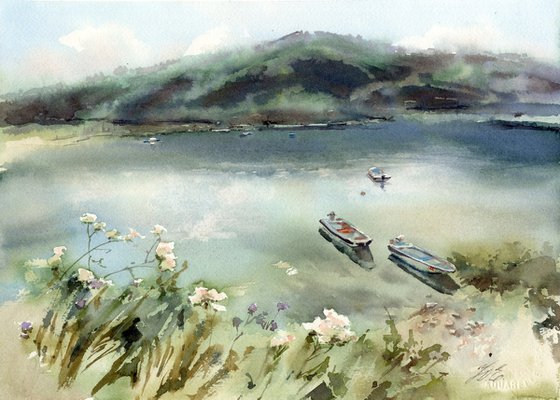 Montenegro boats by the sea, Watercolor painting