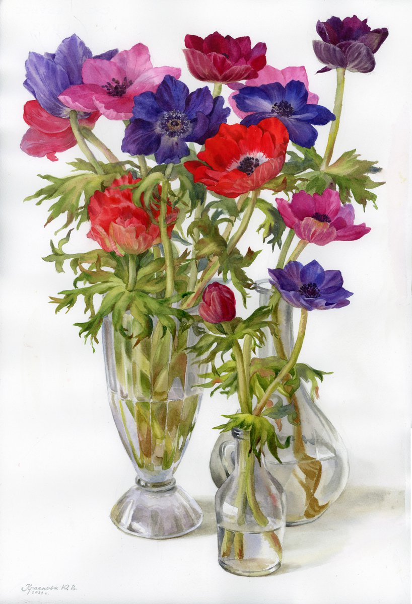 Photorealistic Botanical Watercolour By Yulia Krasnov, 15 X 22", Multicolored Anemones, Original Artwork