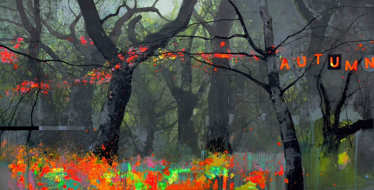 Urban And Pop Landscape Oil Painting By Victor Sheleg, 79 X 39", Forest, Original Artwork