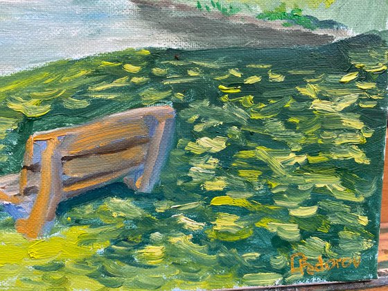 Sunny day at the lake in the park. Pleinair